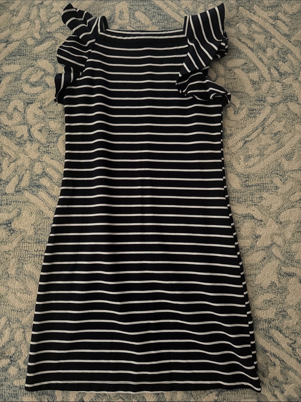 Ruffle Sleeve Striped Mini Dress - navy blue & White